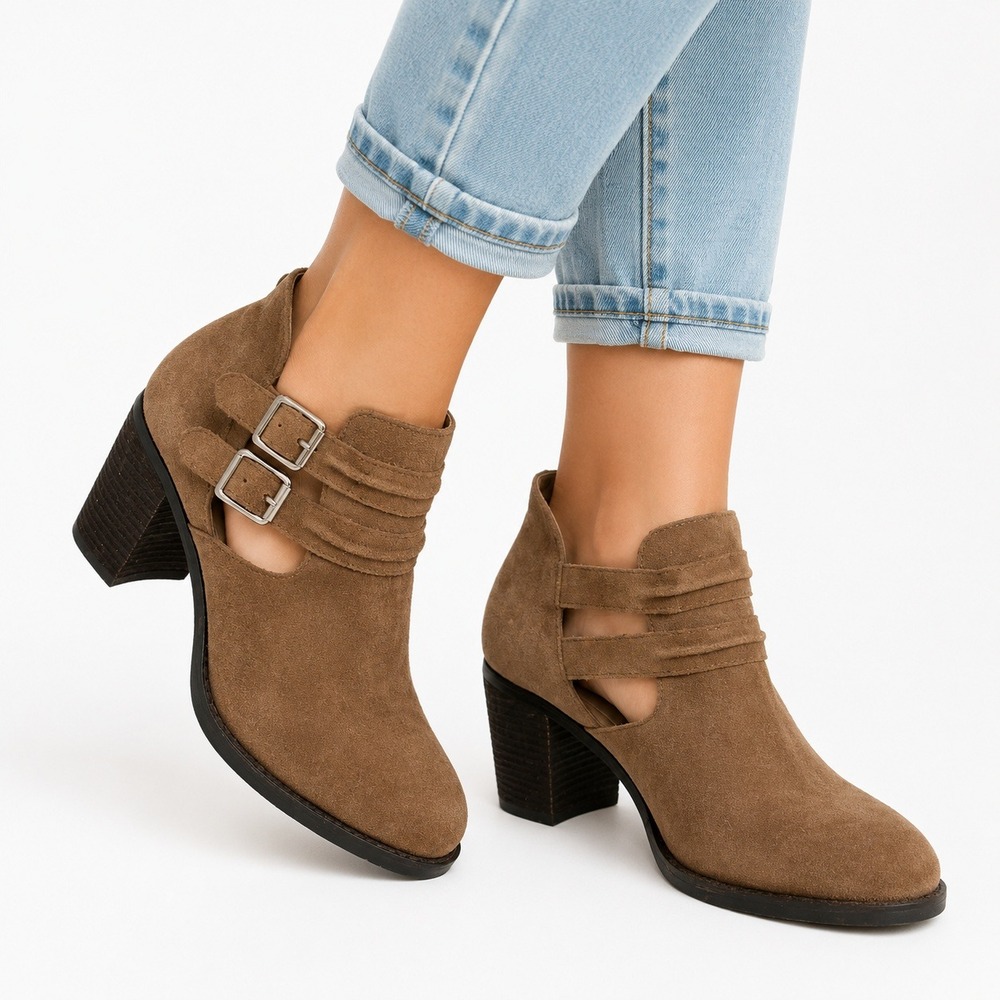 Jeffrey Campbell Roy Craft Booties Womens 10 Tan Excellent Suede Cutout Buckle